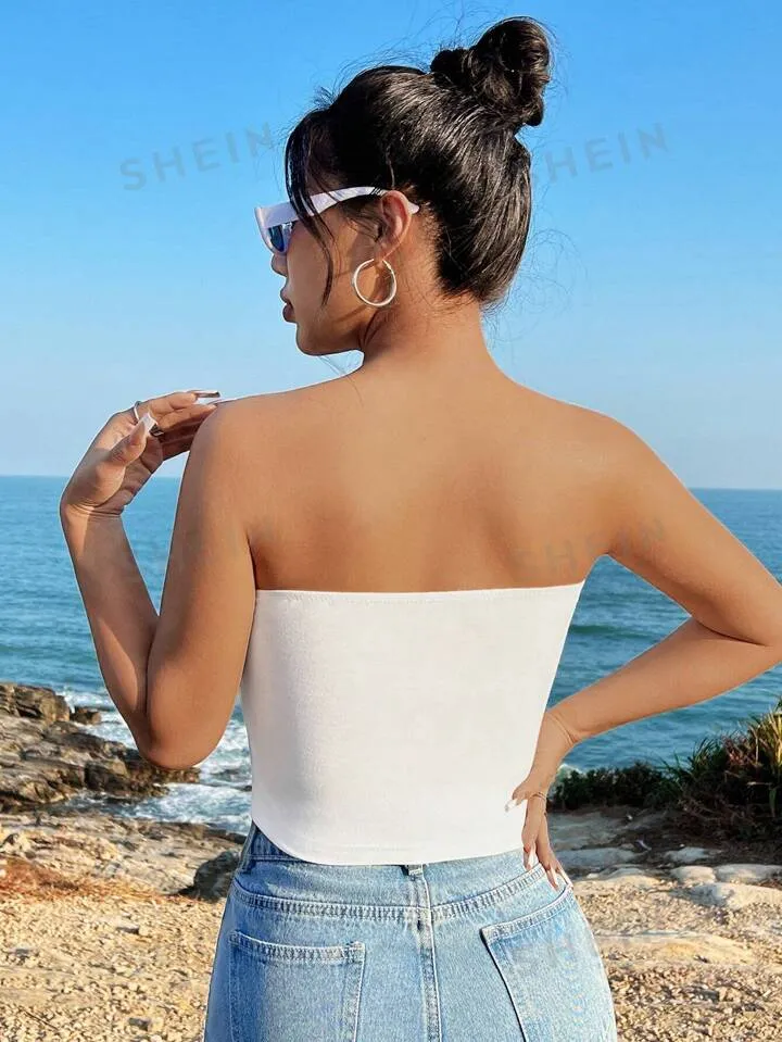 2pcs solid color strapless top in white & brown