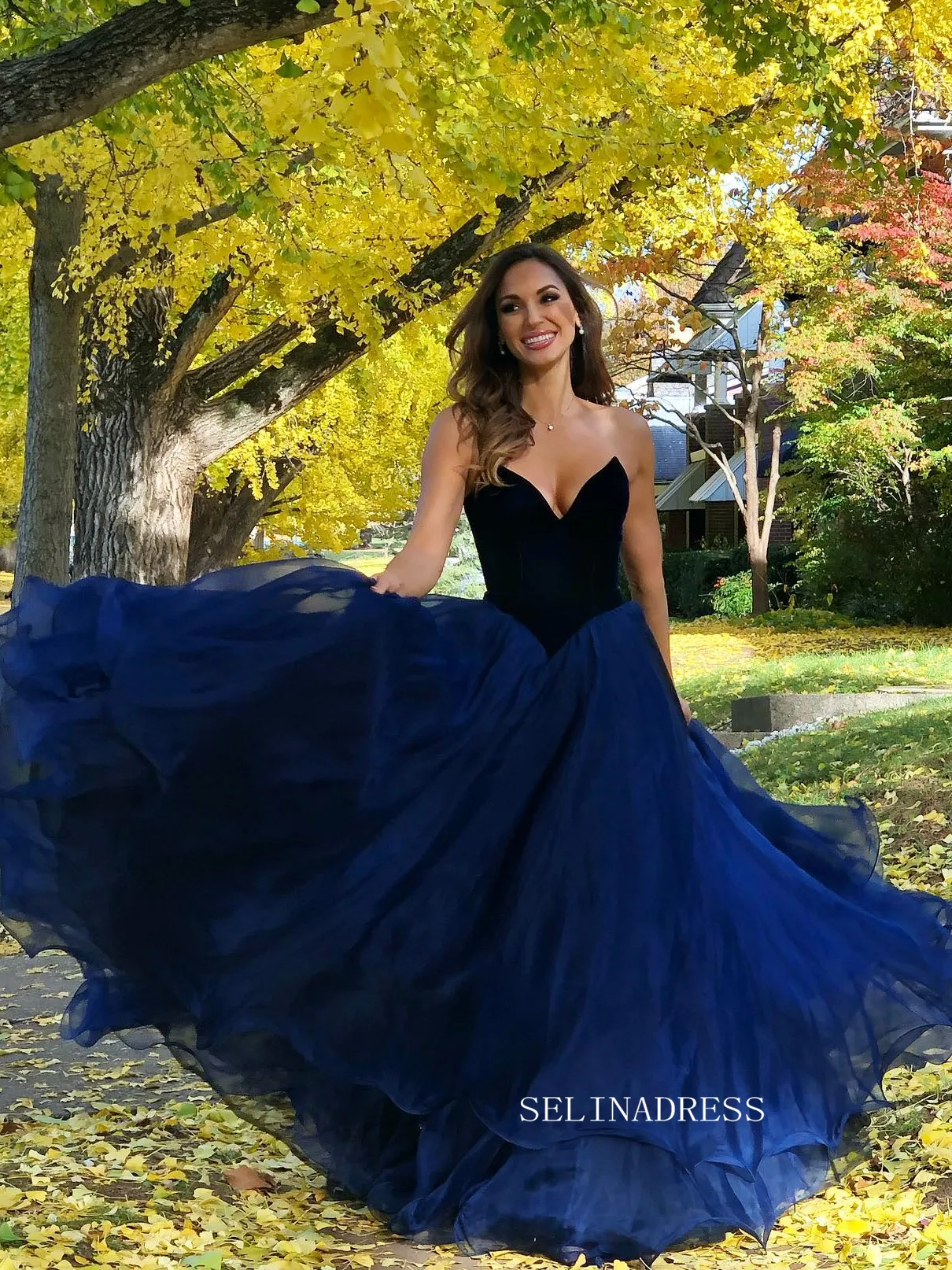 A-line Strapless V neck Prom Dress Elegant Dark Navy Evening Dress Party Dress #JKP016