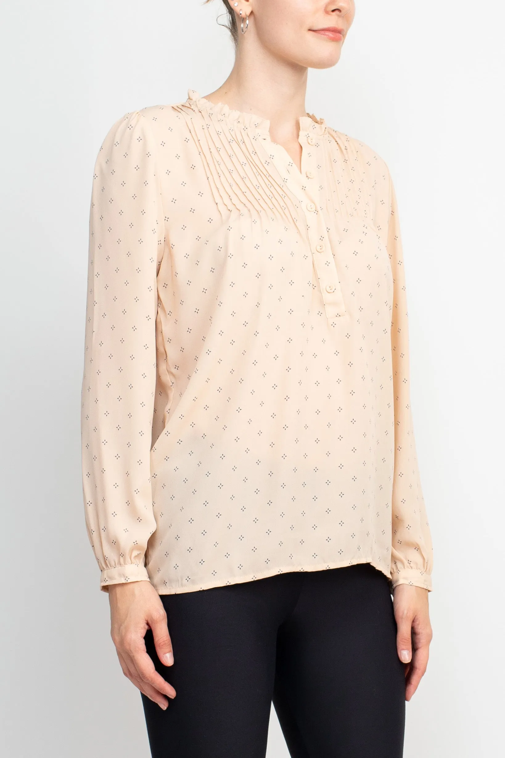 Adrianna Papell Crew Neck Long Sleeves Button Detail Woven Top