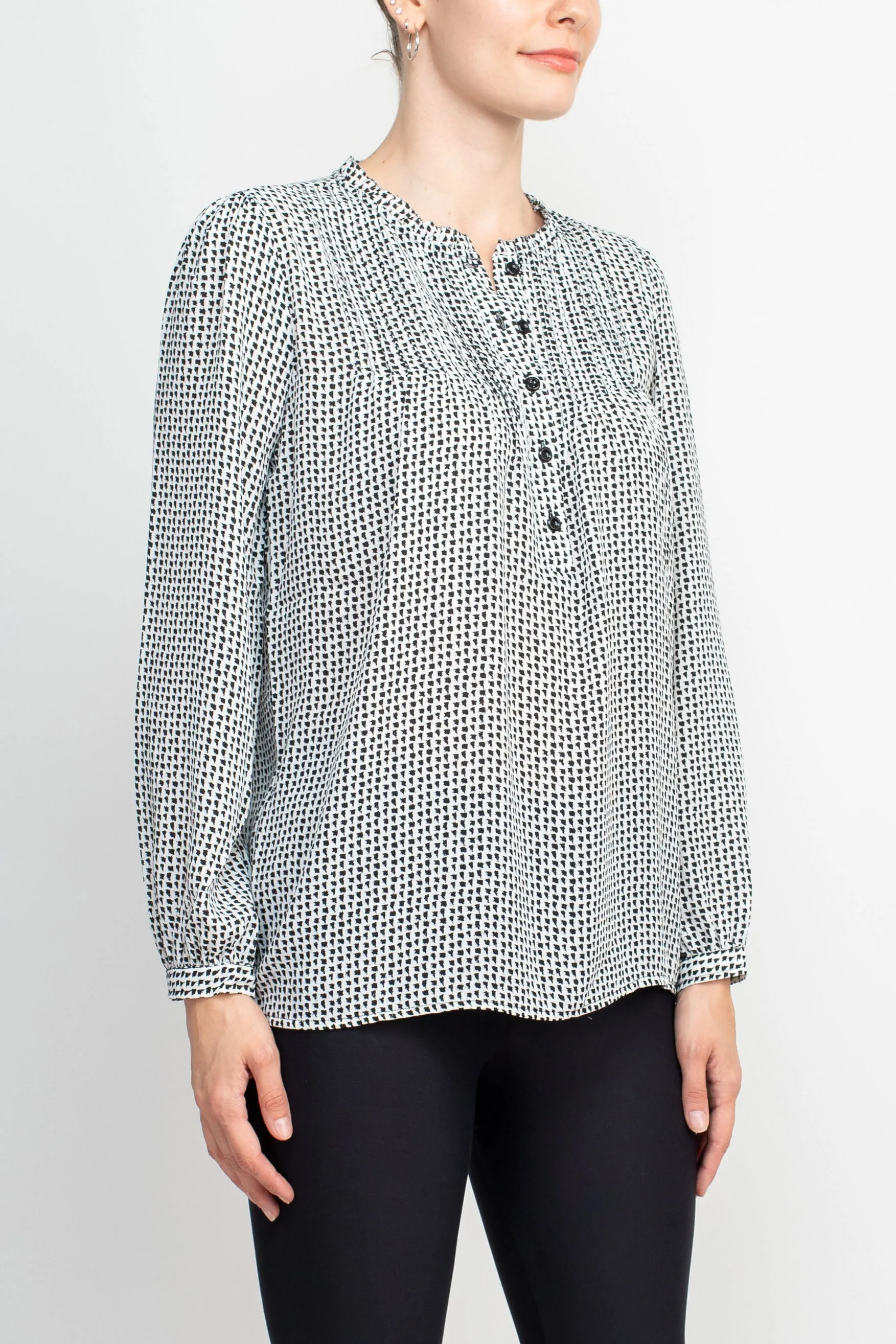 Adrianna Papell Crew Neck Long Sleeves Button Detail Woven Top