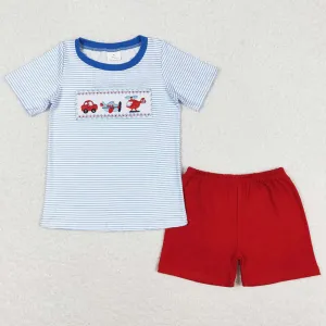 Baby Boys Clothes Blue Stripes Transpotation Shirt Shorts Sets BSSO0649