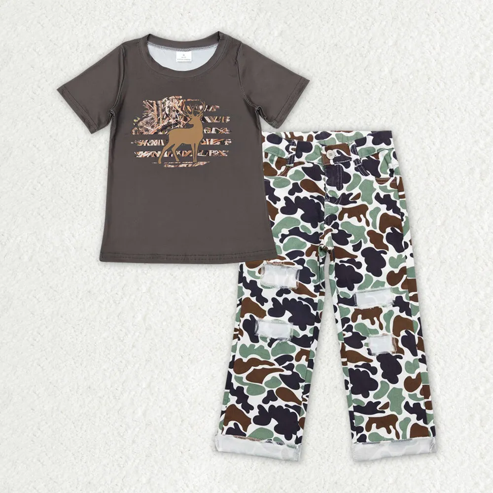 Baby Boys Clothes Deer Hunting Deer Shirt Top Camo Denim Jeans Pants Sets BSPO0395