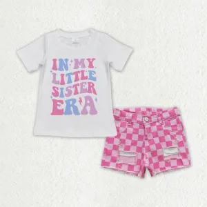 Baby Girls Clothes Little Sister Shirt Top Pink Checkered Denim Shorts Sets GSSO1409