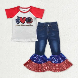 Baby Girls Clothes Peace Love America Shirt Top Sequin Denim Pants Sets GSPO1622