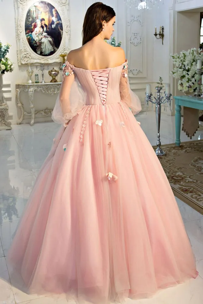 Ball Gown Off-Shoulder Floor-Length Tulle Appliqued Pink Quinceanera Dresses HX0042