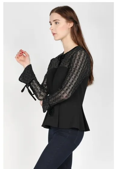 Black Mesh Dot Peplum Top