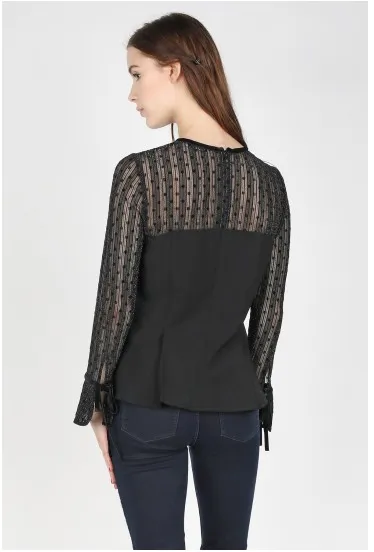 Black Mesh Dot Peplum Top