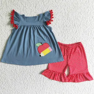 Boutique Baby Girl Clothes Short Sleeve Shorts Outfits Back to School Bus Apple Embroidery Cute Kids Clothes Girls Set GSSO0120