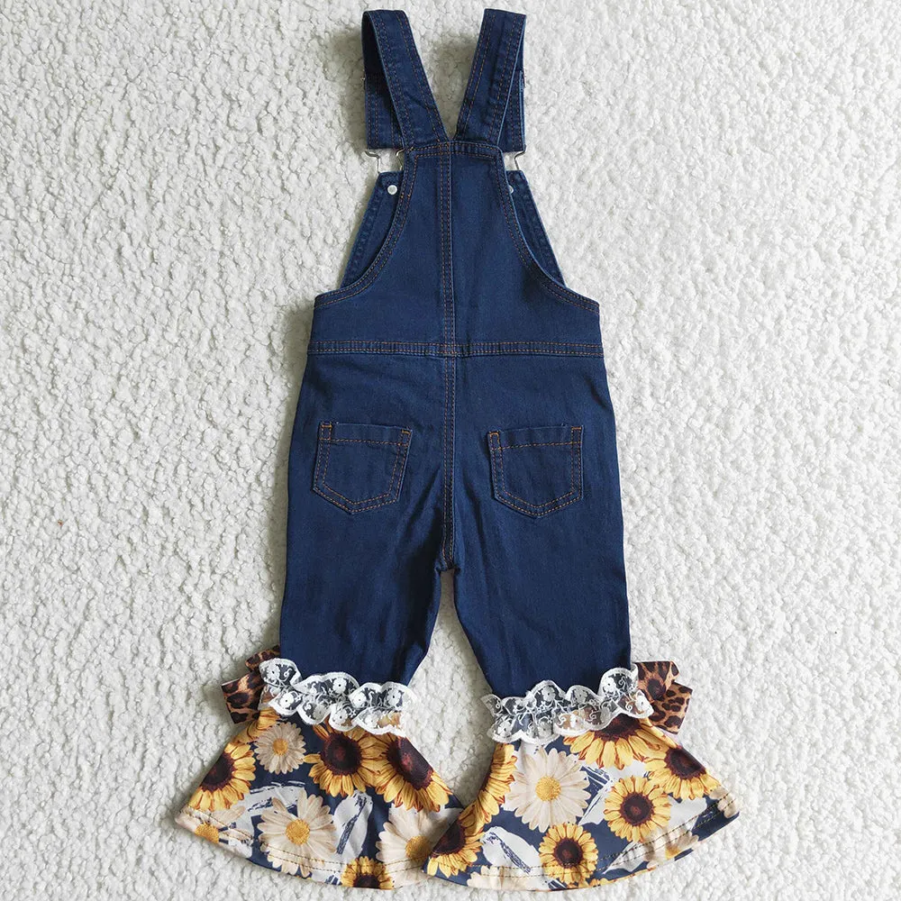 Boutique Girls Jeans Overalls Outfits Sunflower Print Girls Clothes Denim Overall Set P0028 6 C6-26