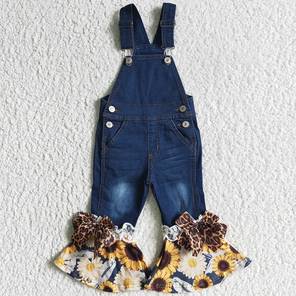 Boutique Girls Jeans Overalls Outfits Sunflower Print Girls Clothes Denim Overall Set P0028 6 C6-26