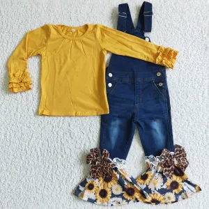 Boutique Girls Jeans Overalls Outfits Sunflower Print Girls Clothes Denim Overall Set P0028 6 C6-26