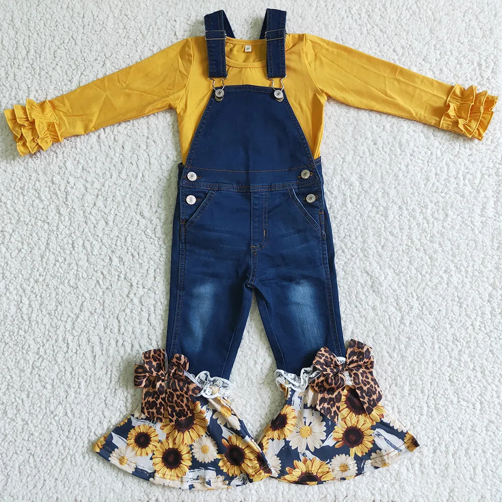 Boutique Girls Jeans Overalls Outfits Sunflower Print Girls Clothes Denim Overall Set P0028 6 C6-26