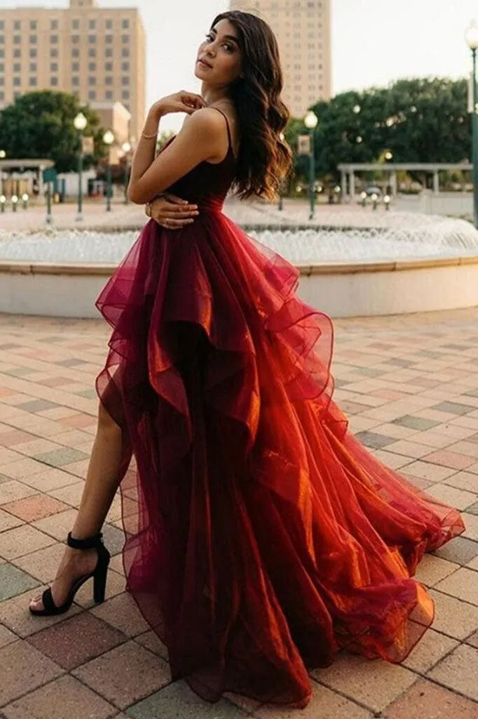 Burgundy Prom Dress Long Formal,High Low Party Dresses