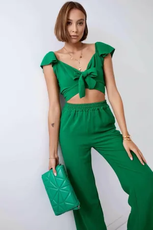 Dark green crop top set with wide pants 8108