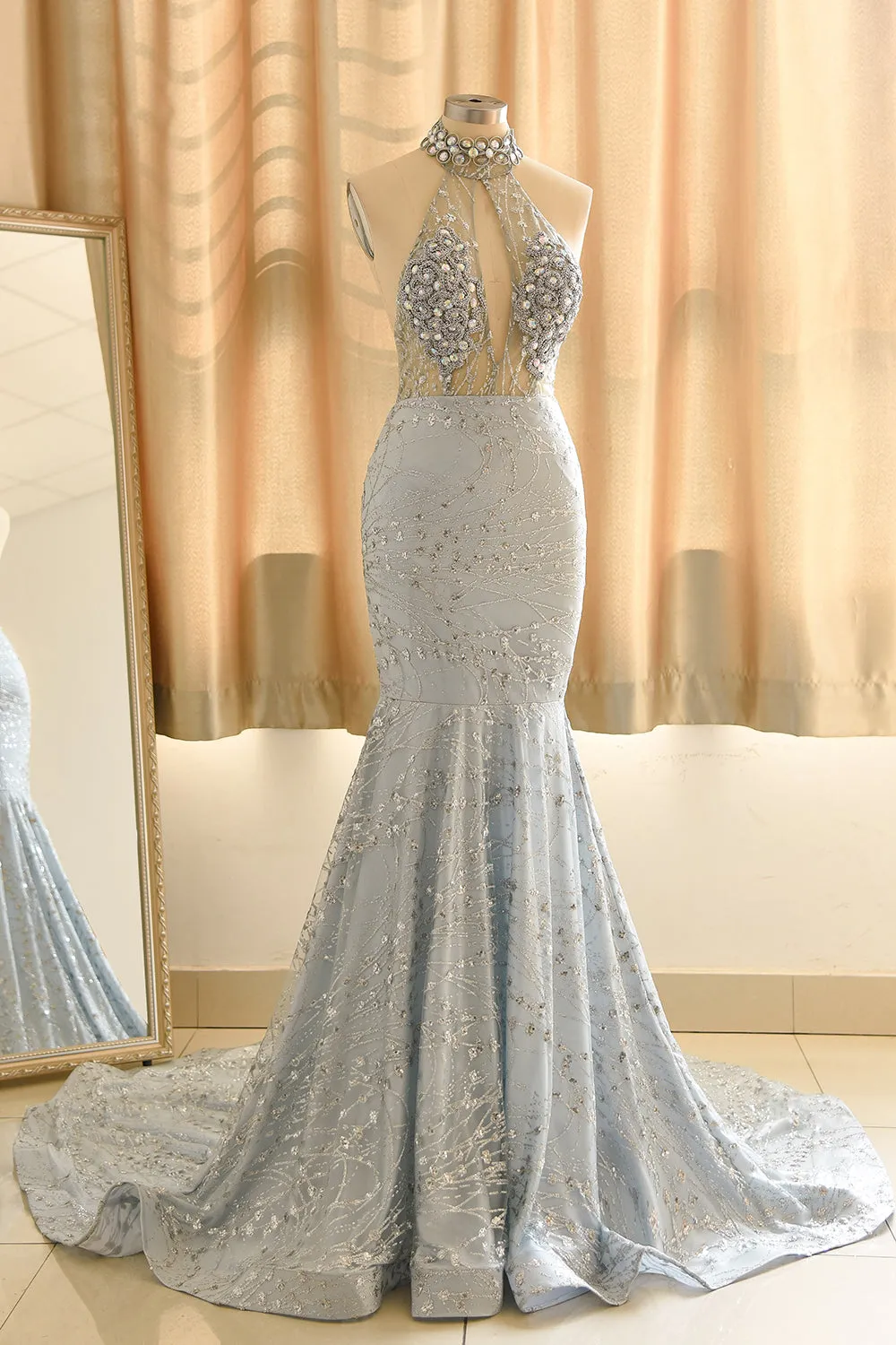 Elegant Halter Mermaid Prom Dresses | Backless Sequins Evening Gowns BC0679