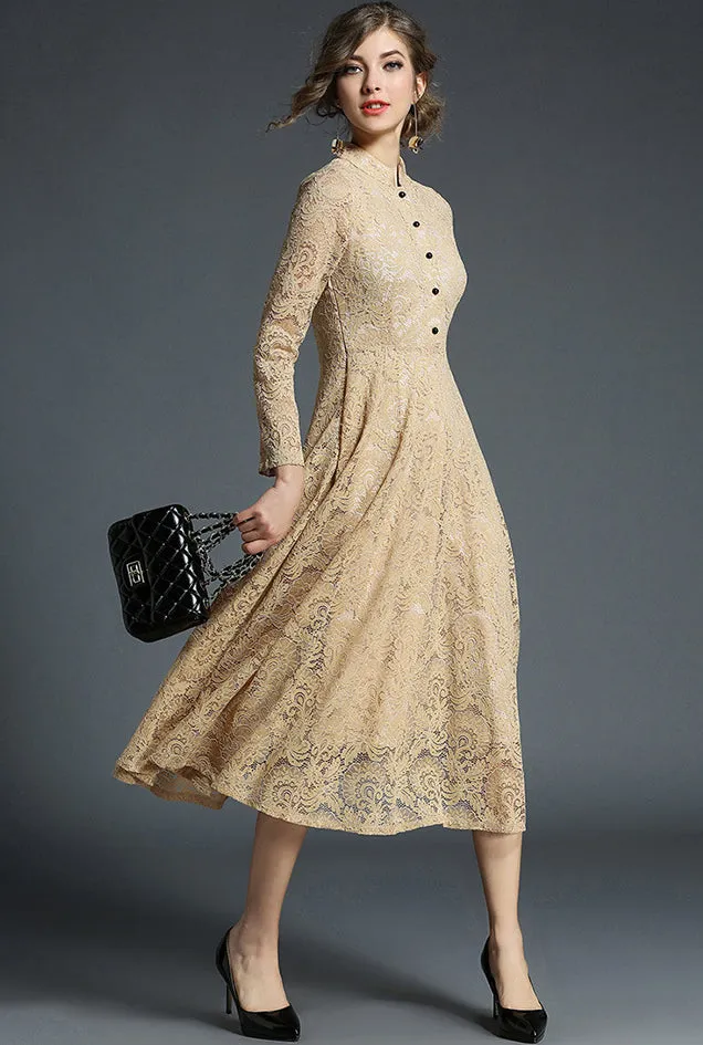 Elegant Long Sleeve Vintage Lace Flared Dress