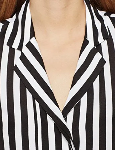 Essentialist Women's Silky Button Down Sash Tie Lapel Shirt Large Black/White Stripe