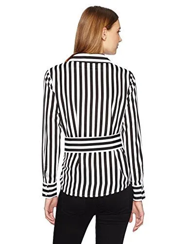 Essentialist Women's Silky Button Down Sash Tie Lapel Shirt Large Black/White Stripe