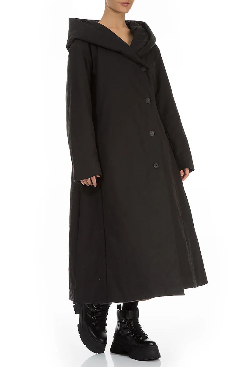 Flared Hooded Black Cotton Coat