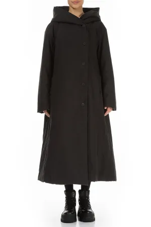 Flared Hooded Black Cotton Coat