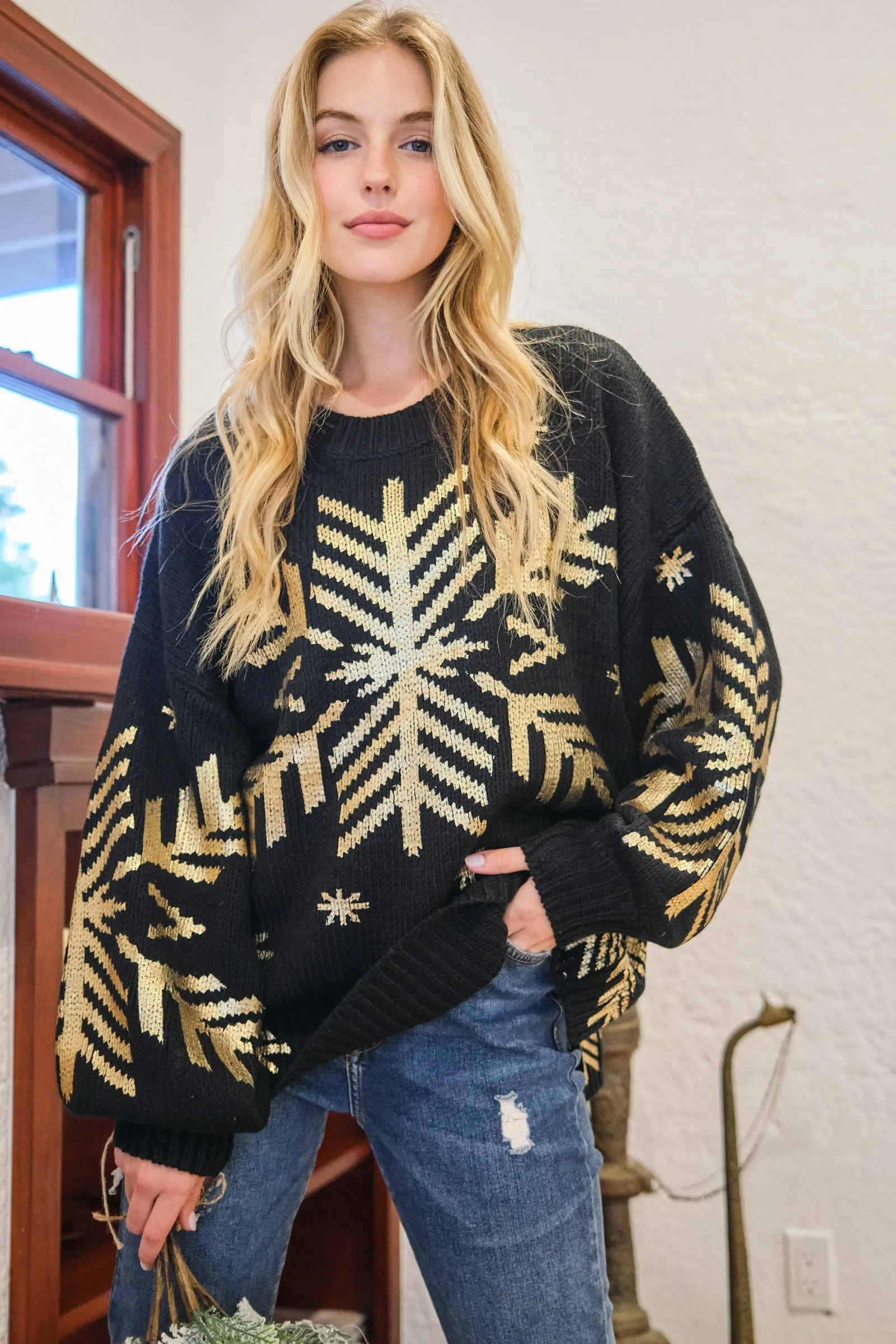 Foil Snowflake Round Neck Sweater