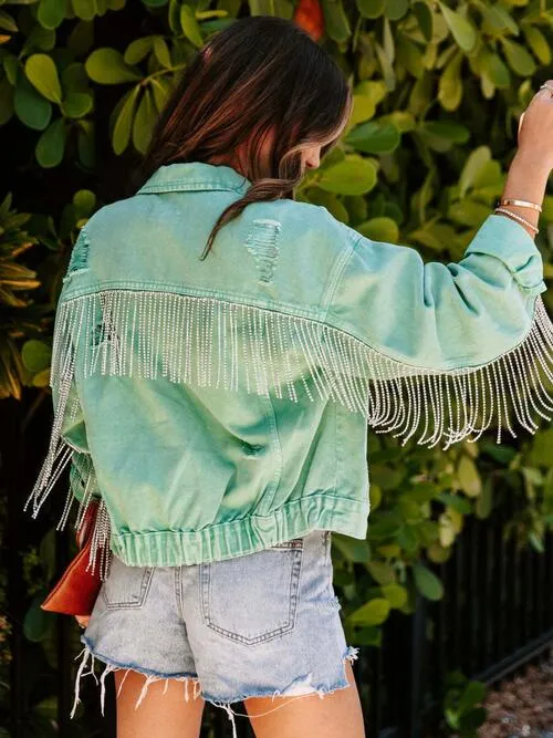 Fringed Chain Raw Hem Distressed Jacket