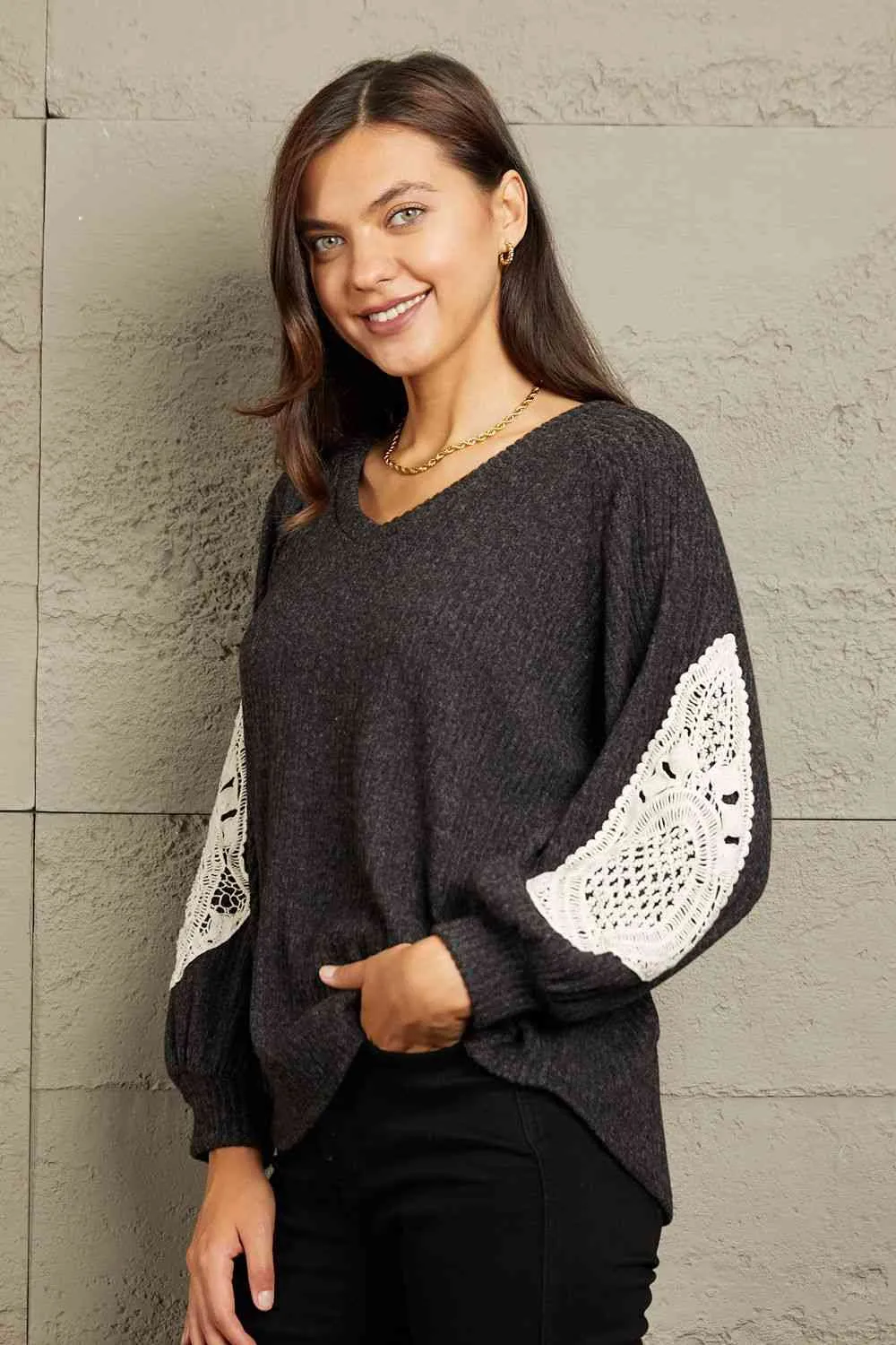 Full Size Lace Patch Detail Sweater