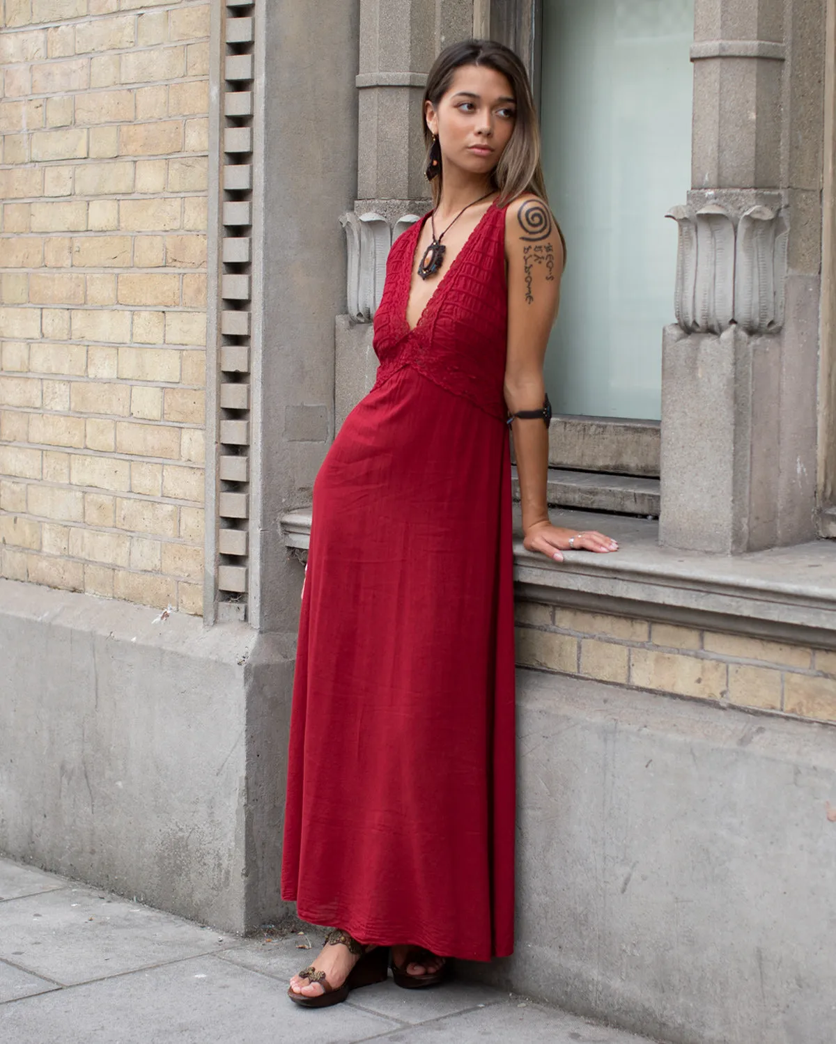 Grecian Crochet Maxi Dress Maroon