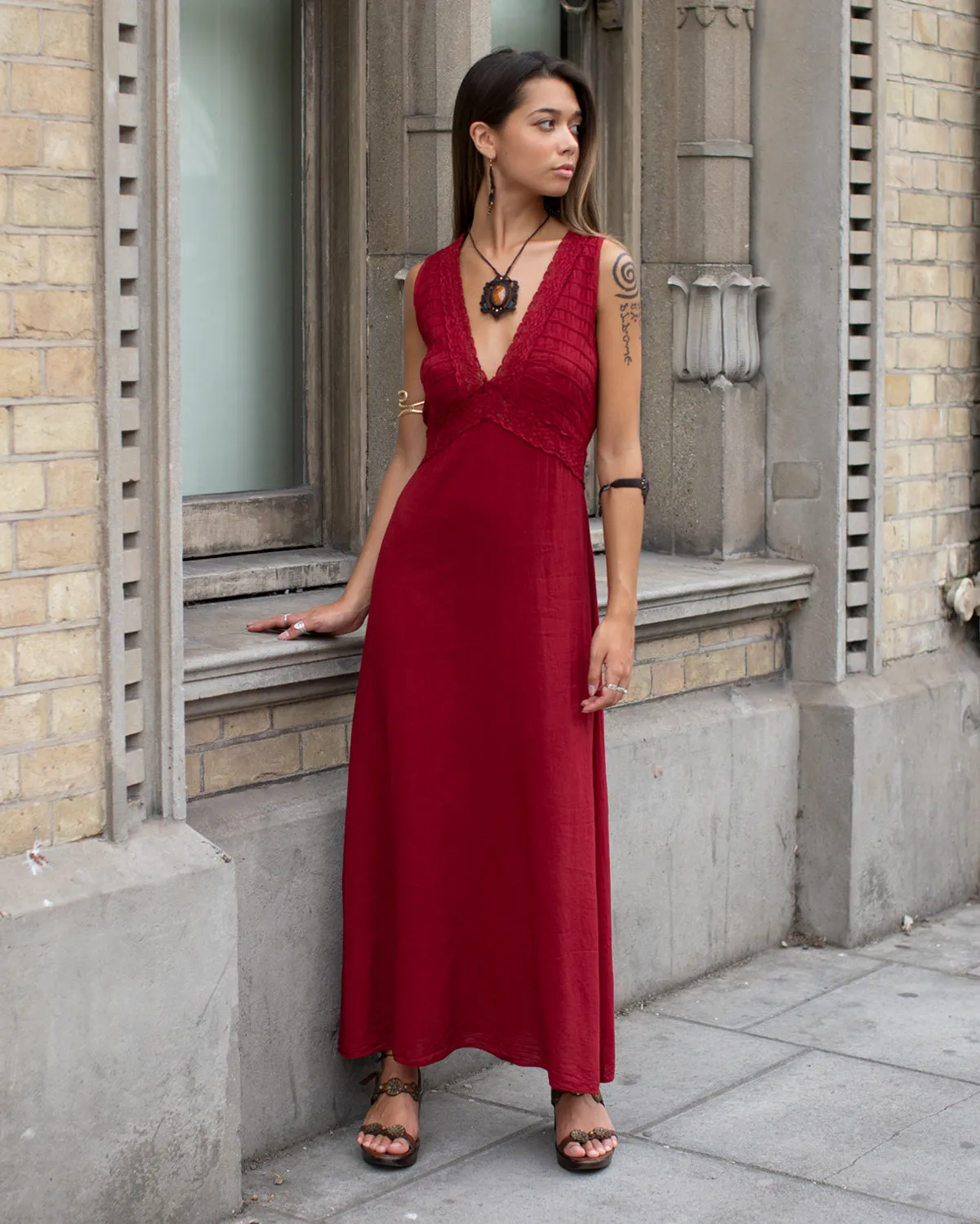 Grecian Crochet Maxi Dress Maroon