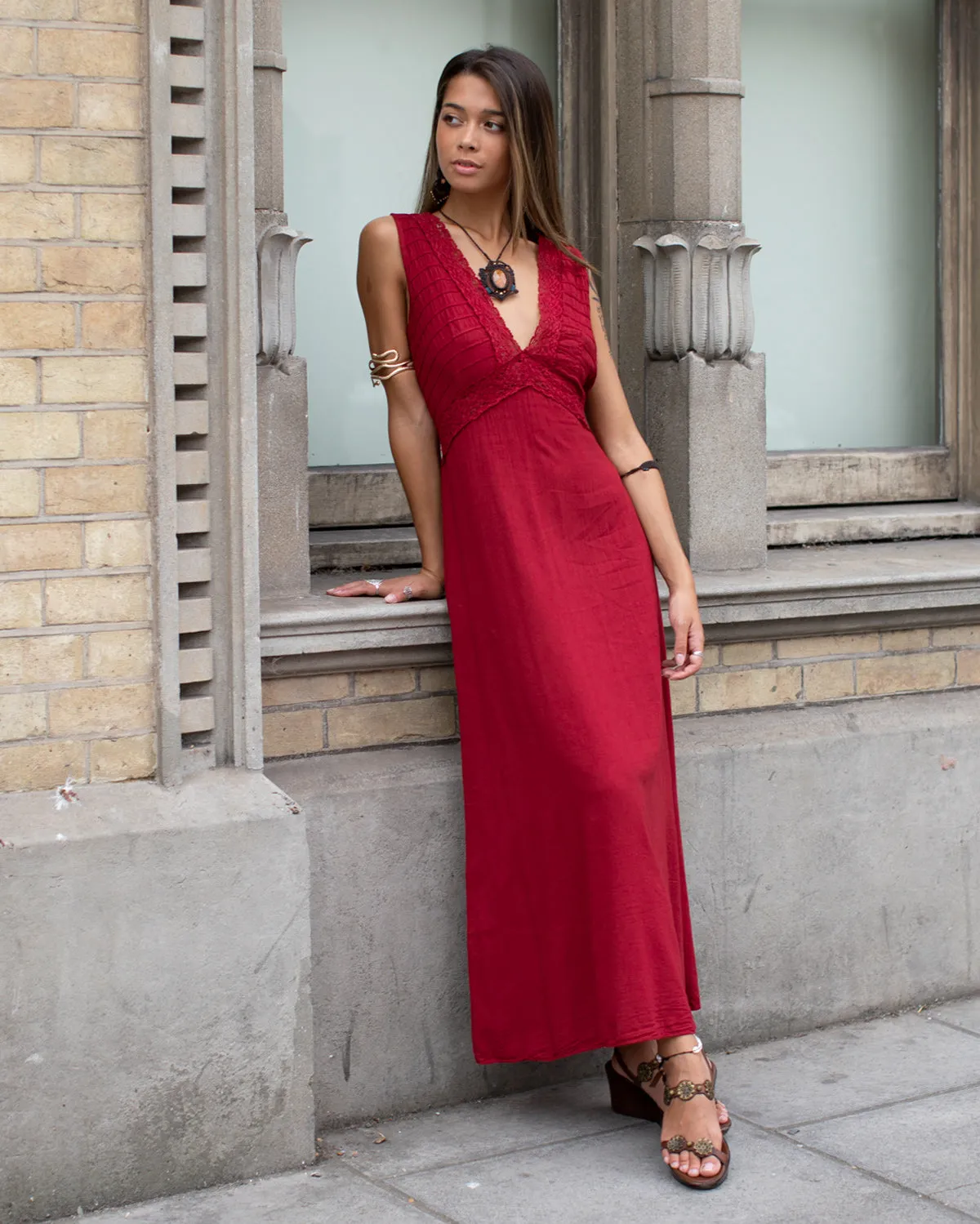 Grecian Crochet Maxi Dress Maroon