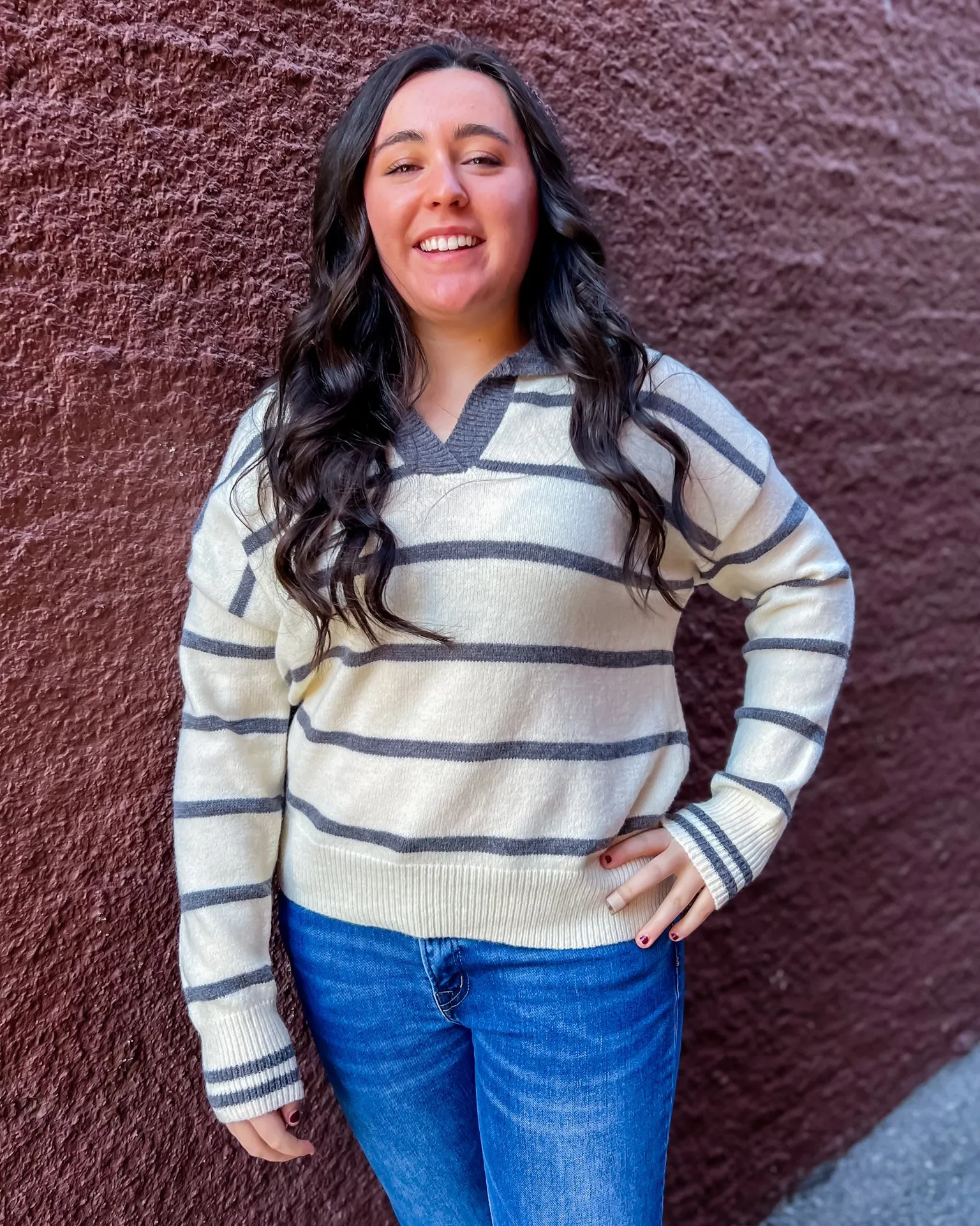 Grey/Ivory Striped Collared Sweater