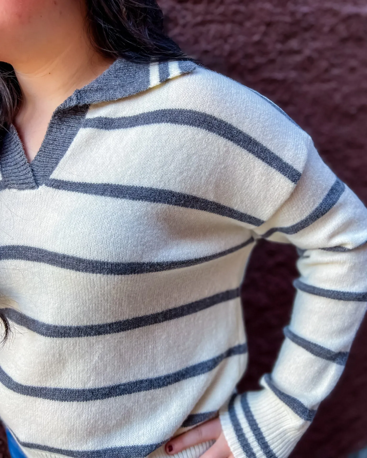 Grey/Ivory Striped Collared Sweater