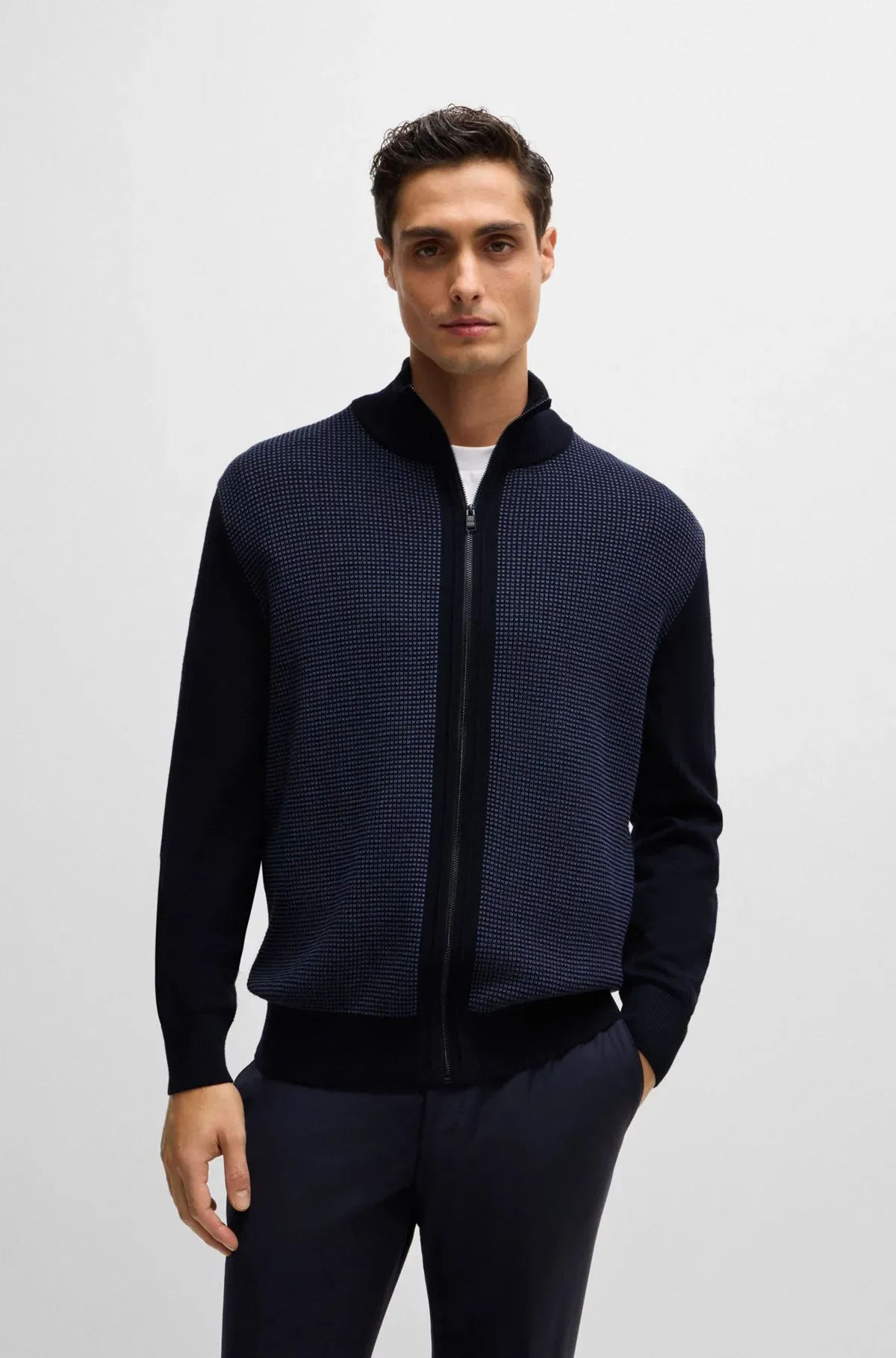 H-Daveto Zip-Up Cardigan in Wool with Mixed Structures 50519621