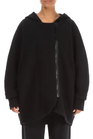 Hooded Black Plush Wool Cotton Zip Jacket