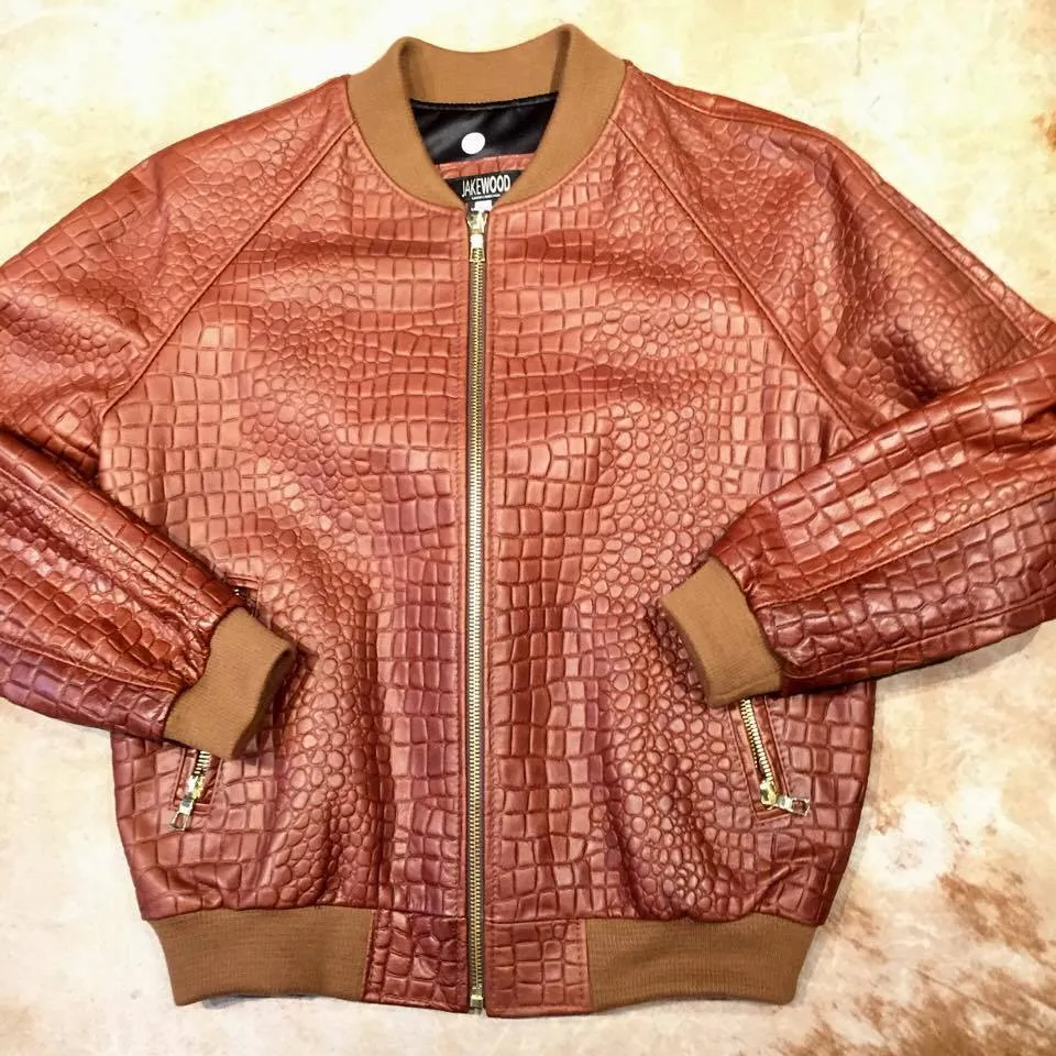 Jakewood Cognac Embossed Alligator Bomber Jacket