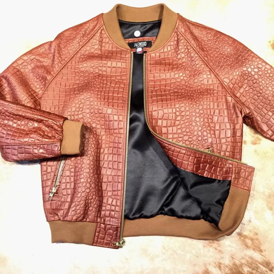 Jakewood Cognac Embossed Alligator Bomber Jacket