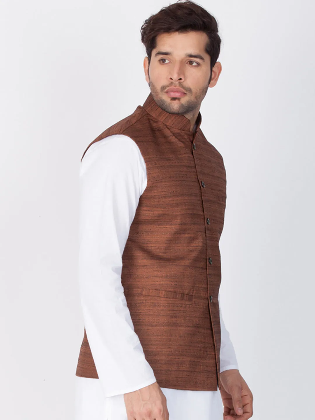 Jashvi Men's Brown Cotton Blend Ethnic Jacket