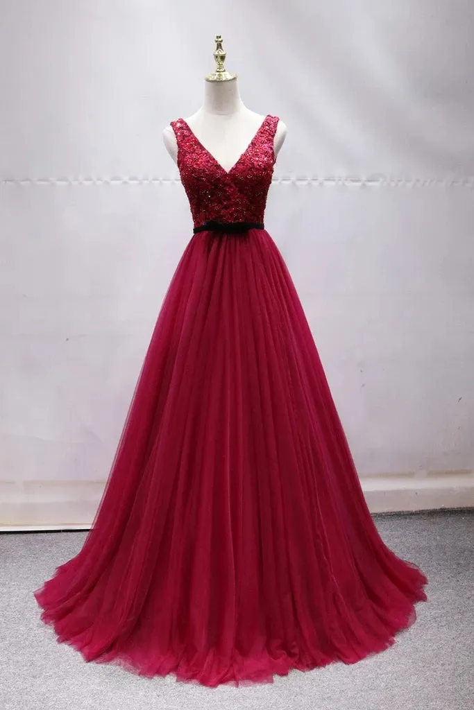 kamahe Elegant A-line V-neck Long Prom Dresses Tulle Appliques Beaded Formal Dresses