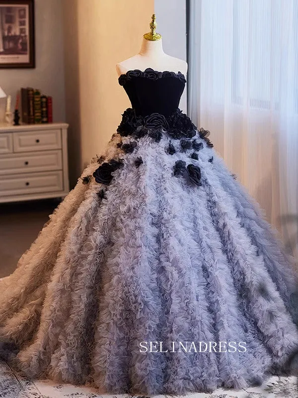 Lovely Strapless Black Ball Gown Princess Dress Elegant Hand Made Flower Formal Dress JKL2590