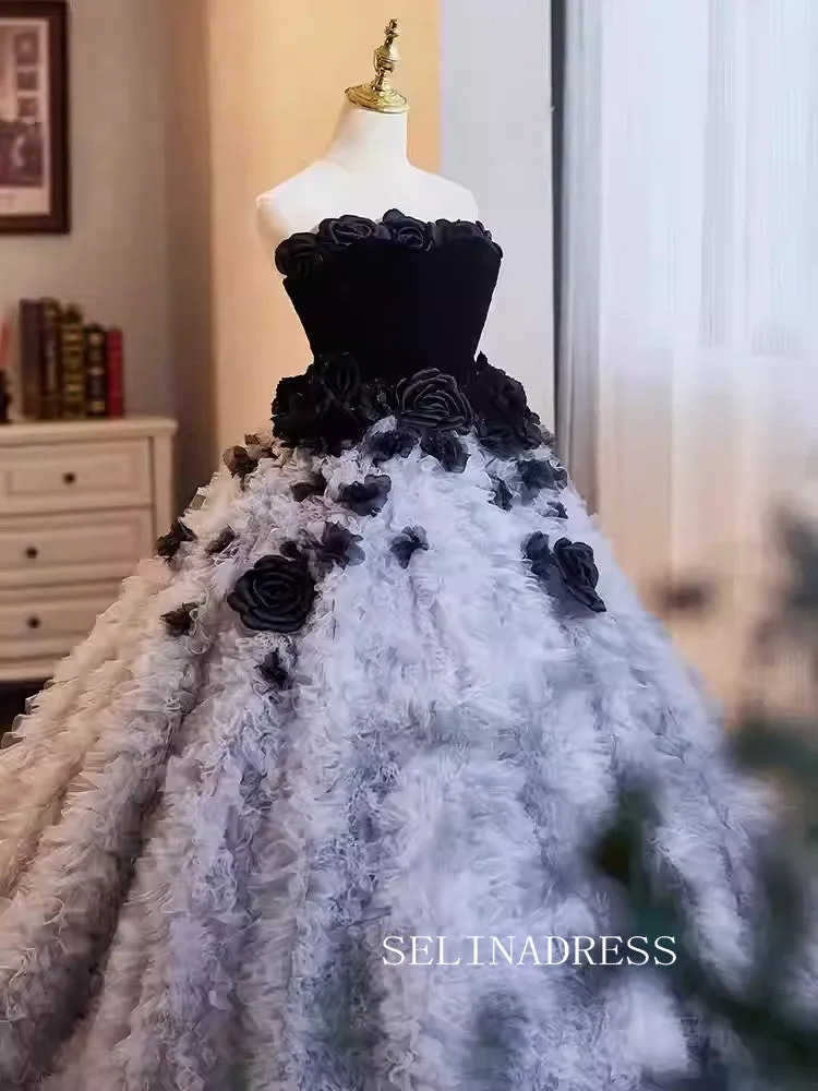 Lovely Strapless Black Ball Gown Princess Dress Elegant Hand Made Flower Formal Dress JKL2590