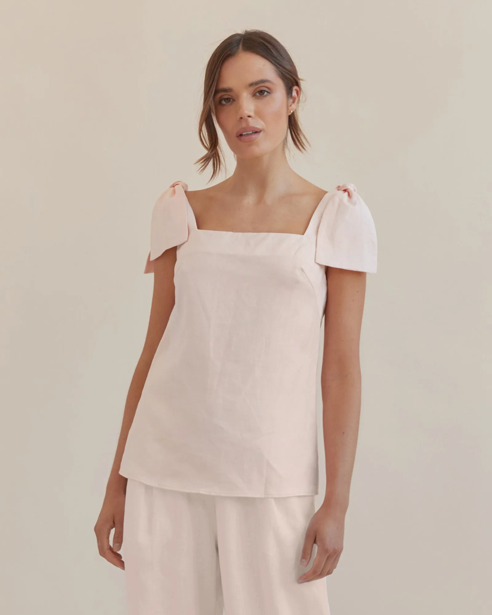 Mavie Bow Linen Top - Rosewater