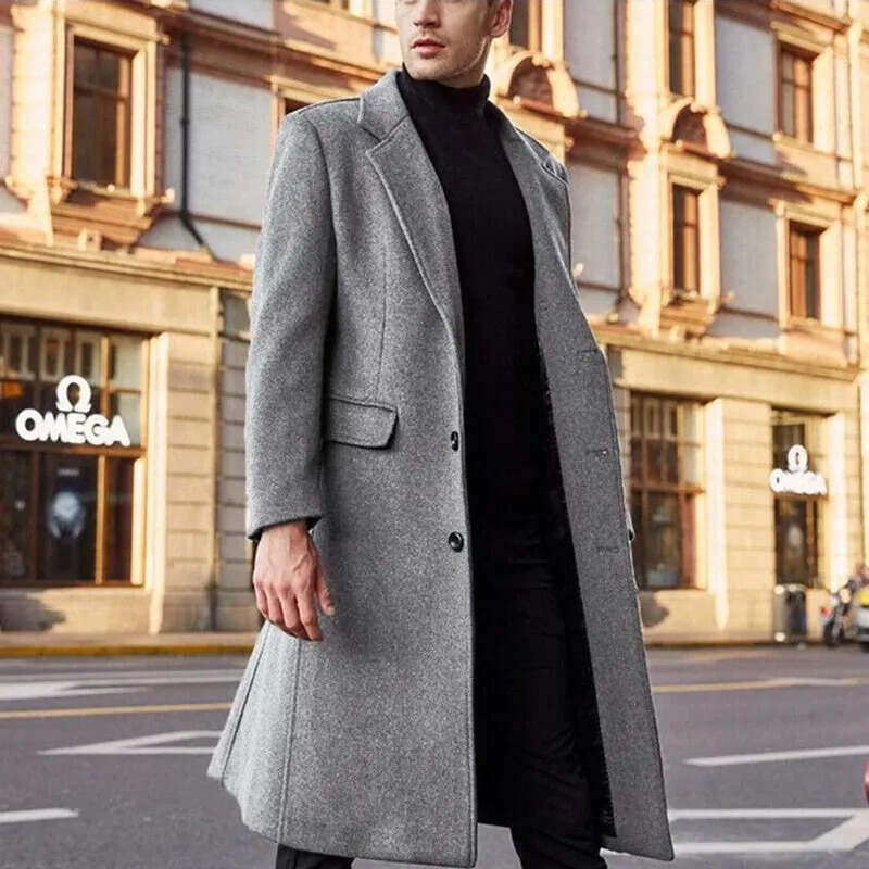 Men's Fashion Business Style Long Single-breasted Lapel Overcoat