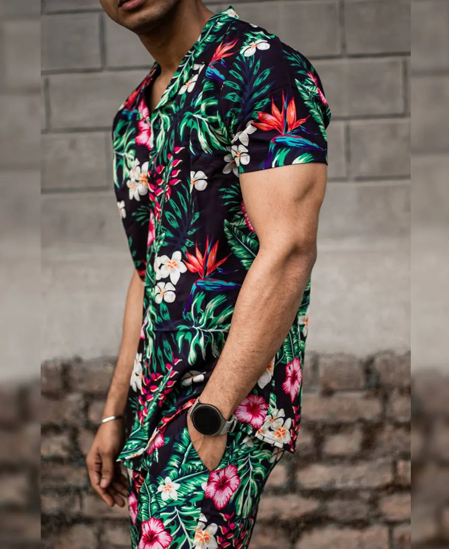 Men's Navy Blue Flowers Print Shirt and Shorts Set