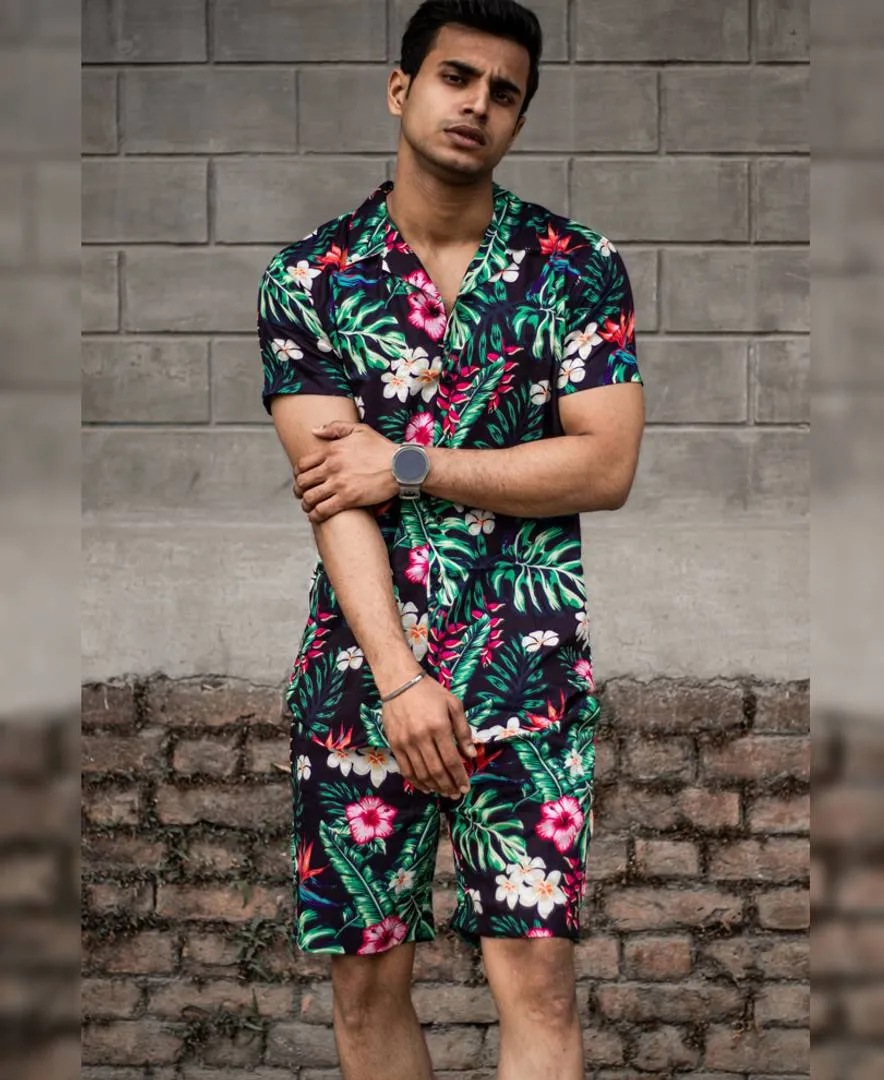 Men's Navy Blue Flowers Print Shirt and Shorts Set