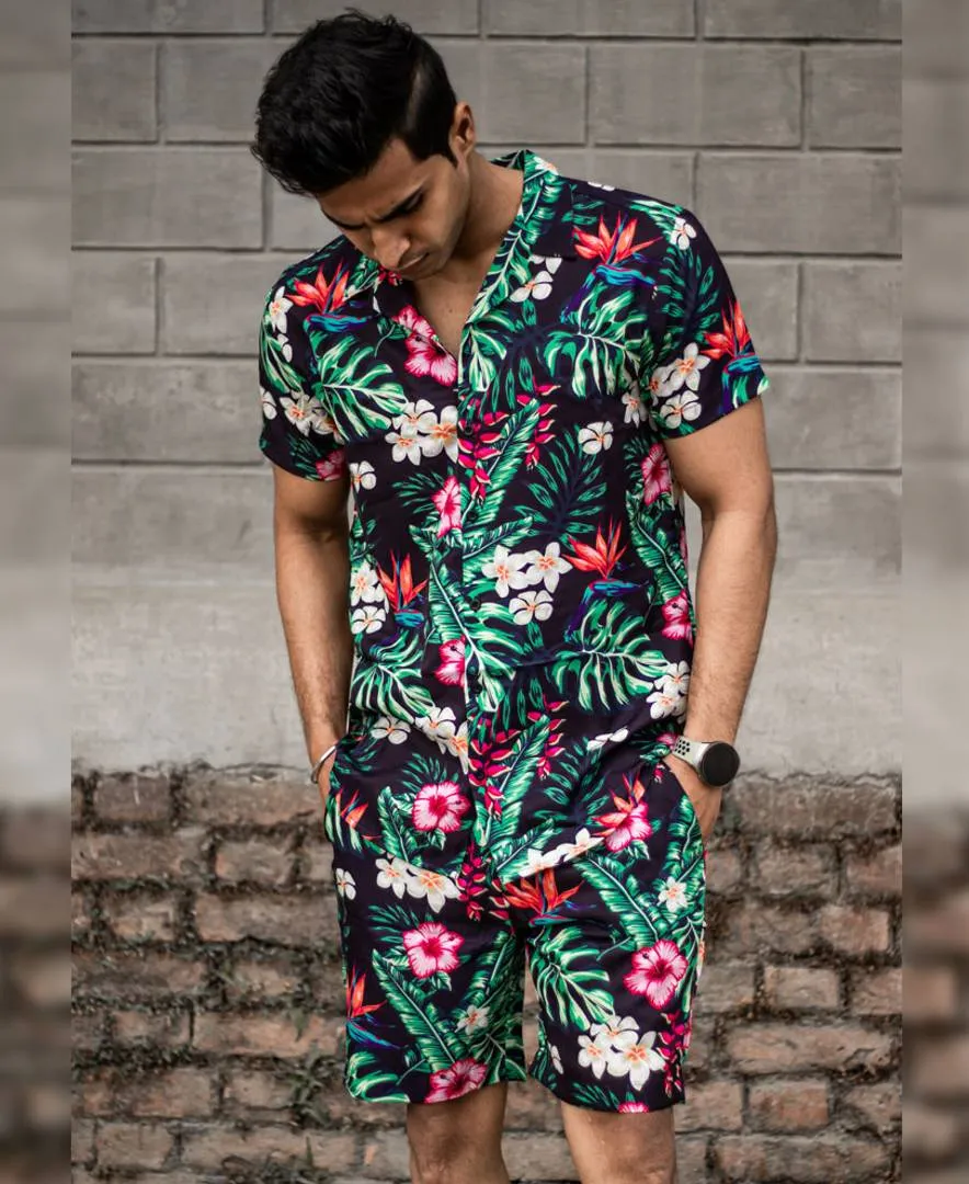 Men's Navy Blue Flowers Print Shirt and Shorts Set