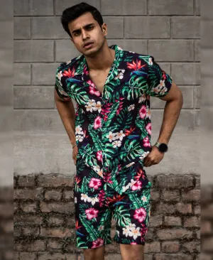 Men's Navy Blue Flowers Print Shirt and Shorts Set