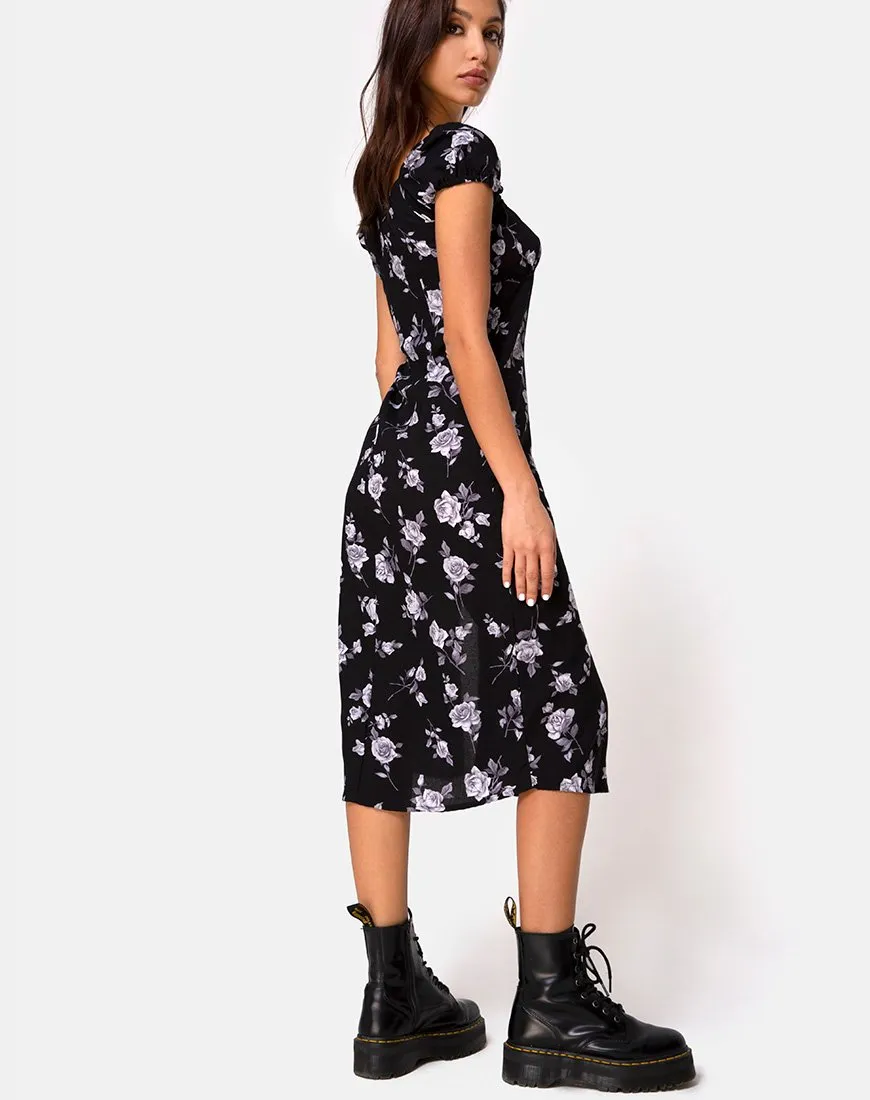 Milla Midi Dress in White Rose Black