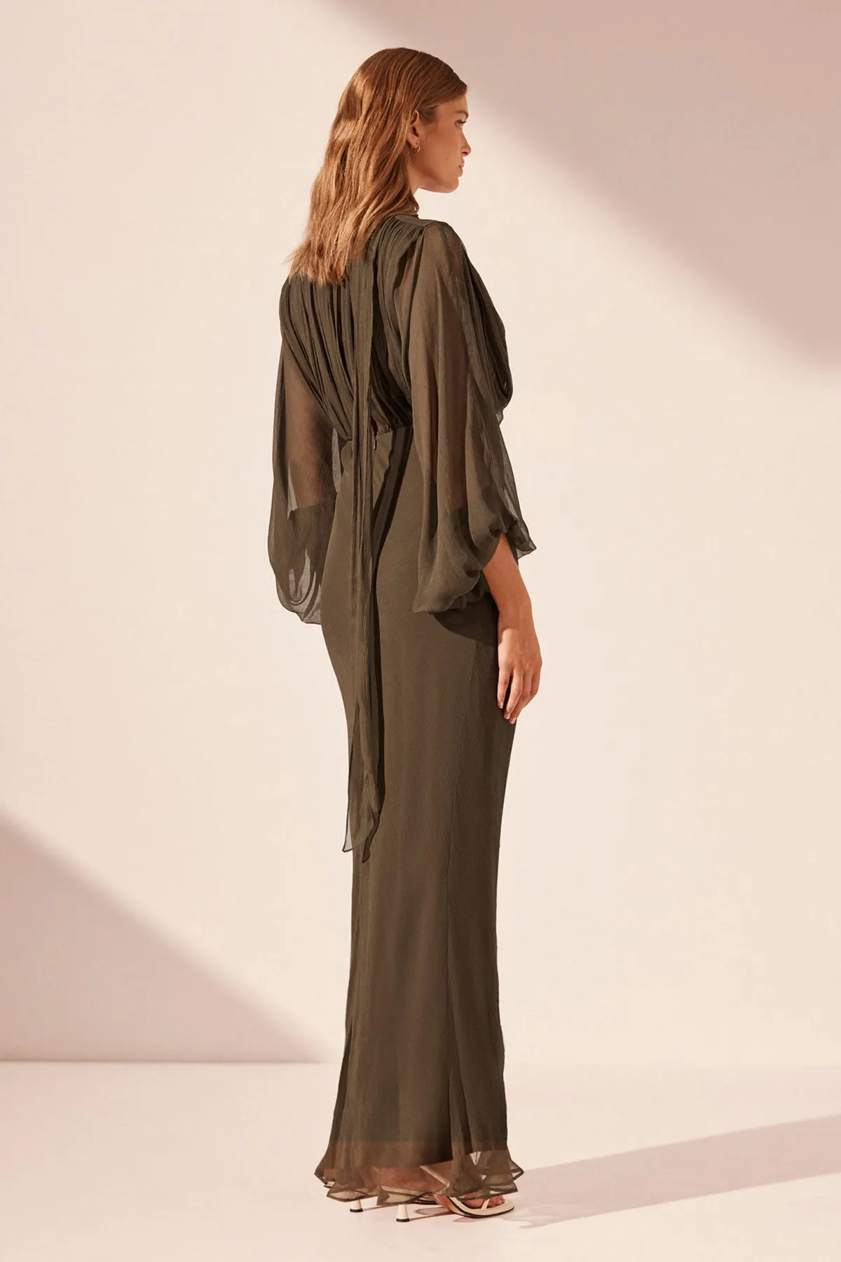 ODEN PLUNGE BALLOON SLEEVE MAXI DRESS - OLIVE