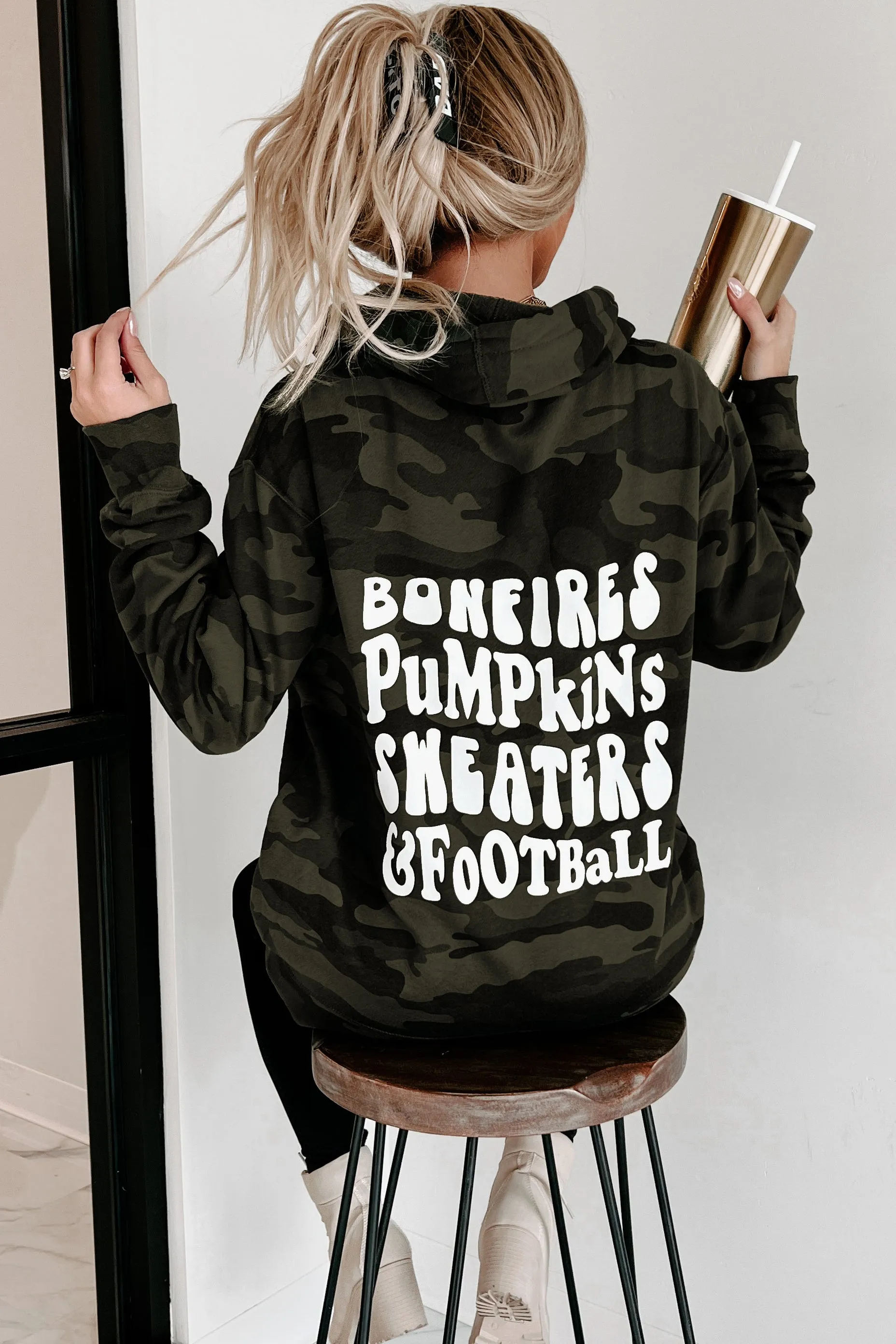 "Pumpkins, Sweaters, & Football" Graphic Hoodie (Forest Camo) - Print On Demand