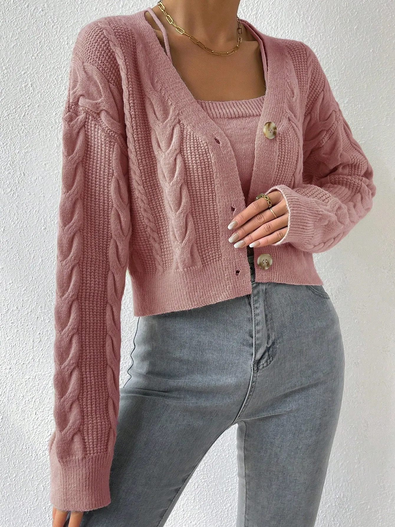 SHEIN Cable Knit Drop Shoulder Cardigan & Cami Knit Top